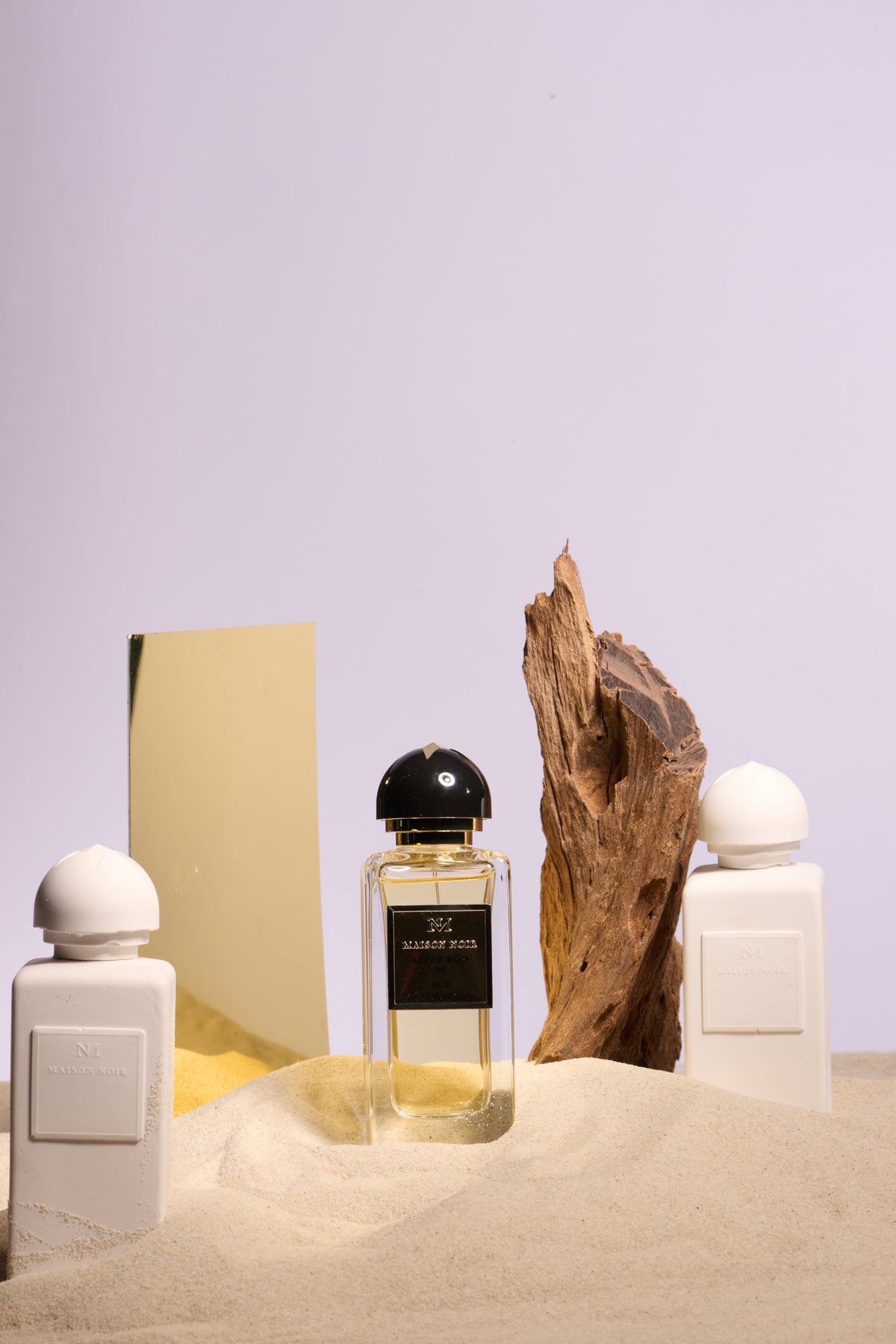 A perfume bottle rests on warm marble beside dried lavender, rosemary, and natural linen, lit by soft daylight with soft shadows and generous negative space.
